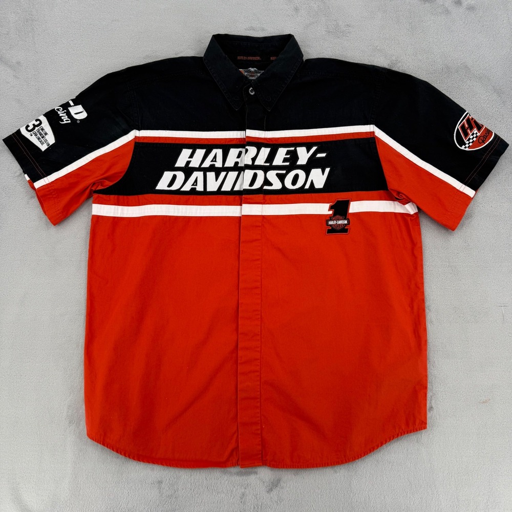 Harley-Davidson Mens Large H-D Racing Orange Black Short Sleeve Button Up Shirt